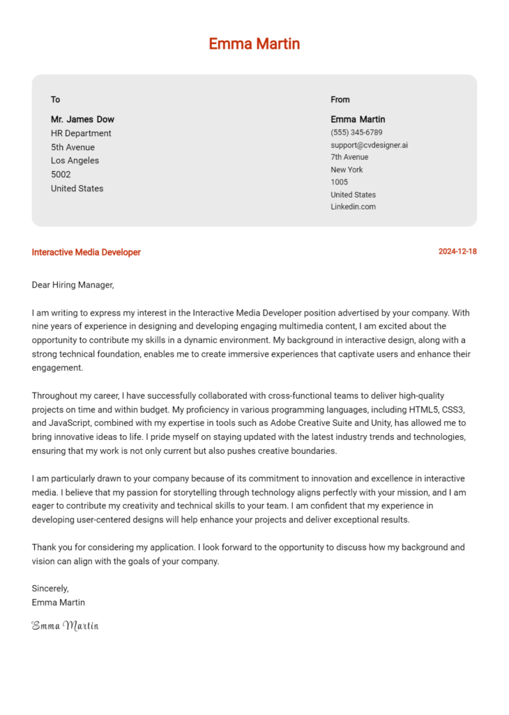 interactive media developer cover letter example