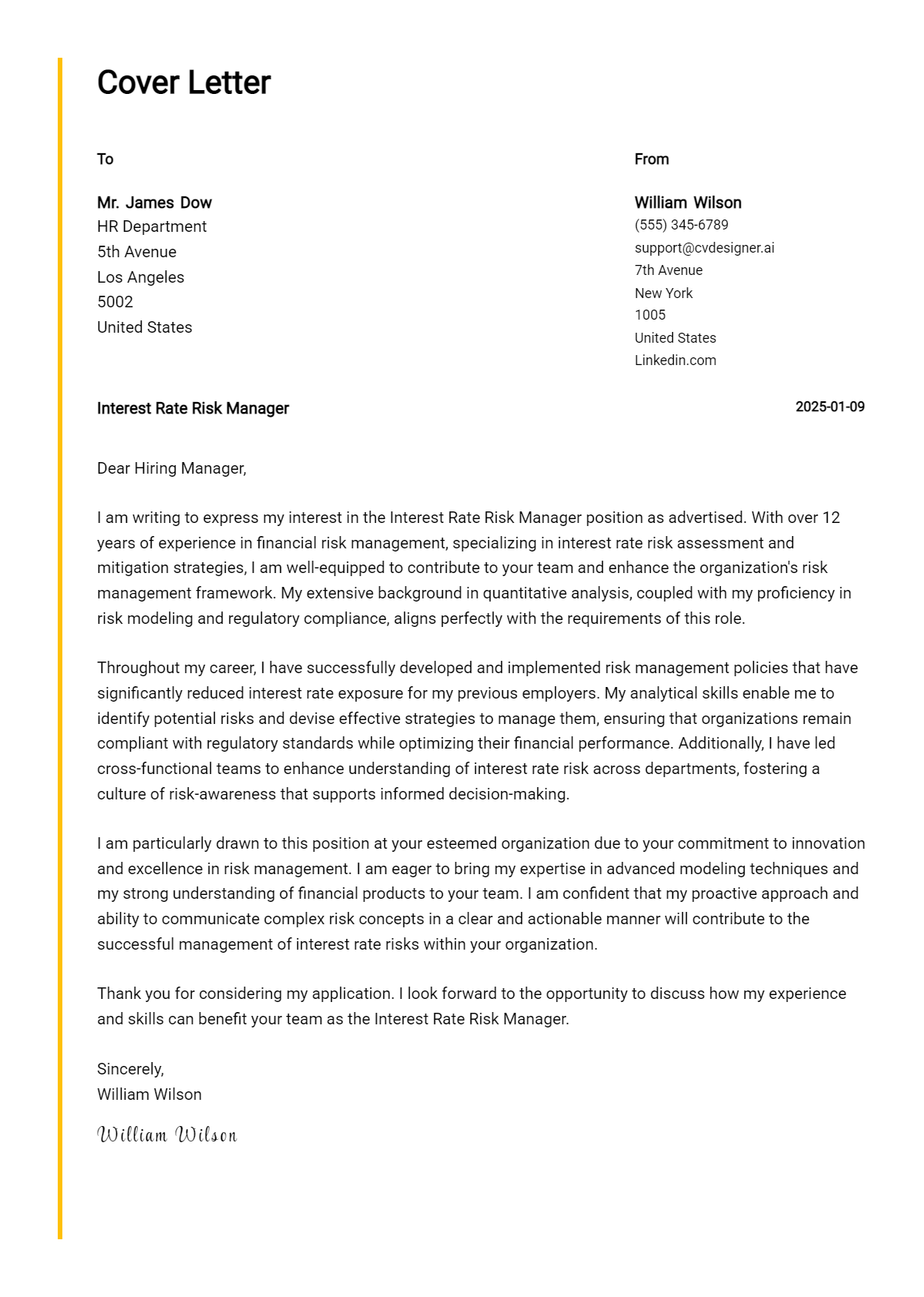 interest rate risk manager cover letter example