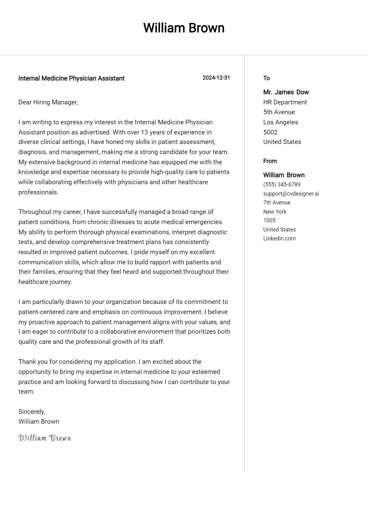 internal medicine physician assistant cover letter example