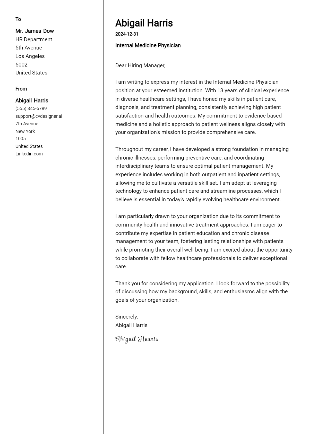 internal medicine physician cover letter example