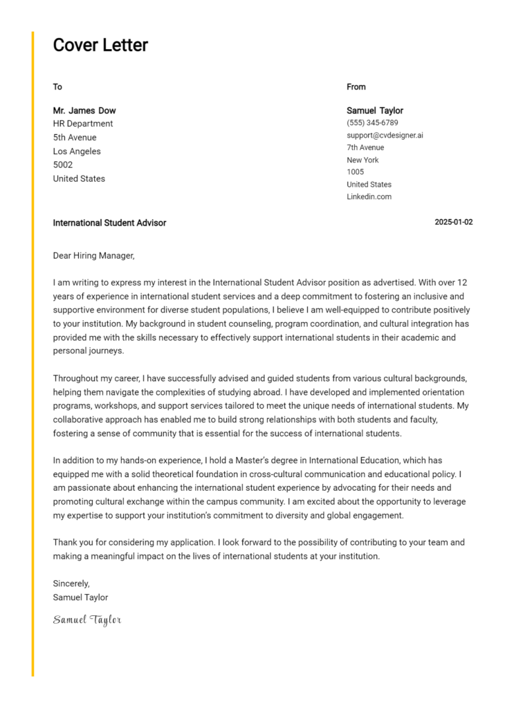 international student advisor cover letter example