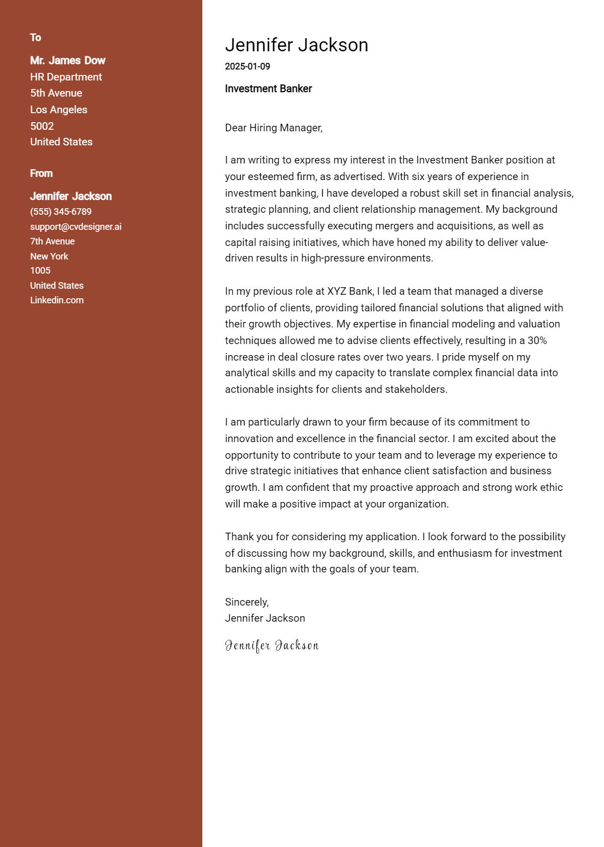 investment banker cover letter example