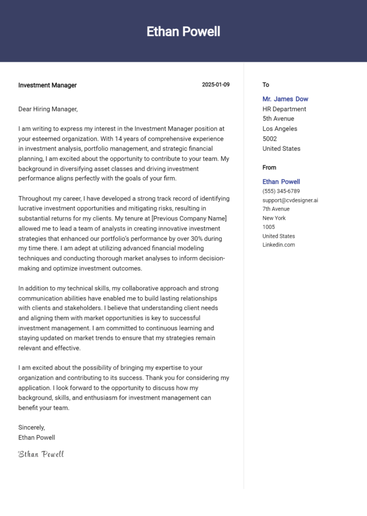 investment manager cover letter example