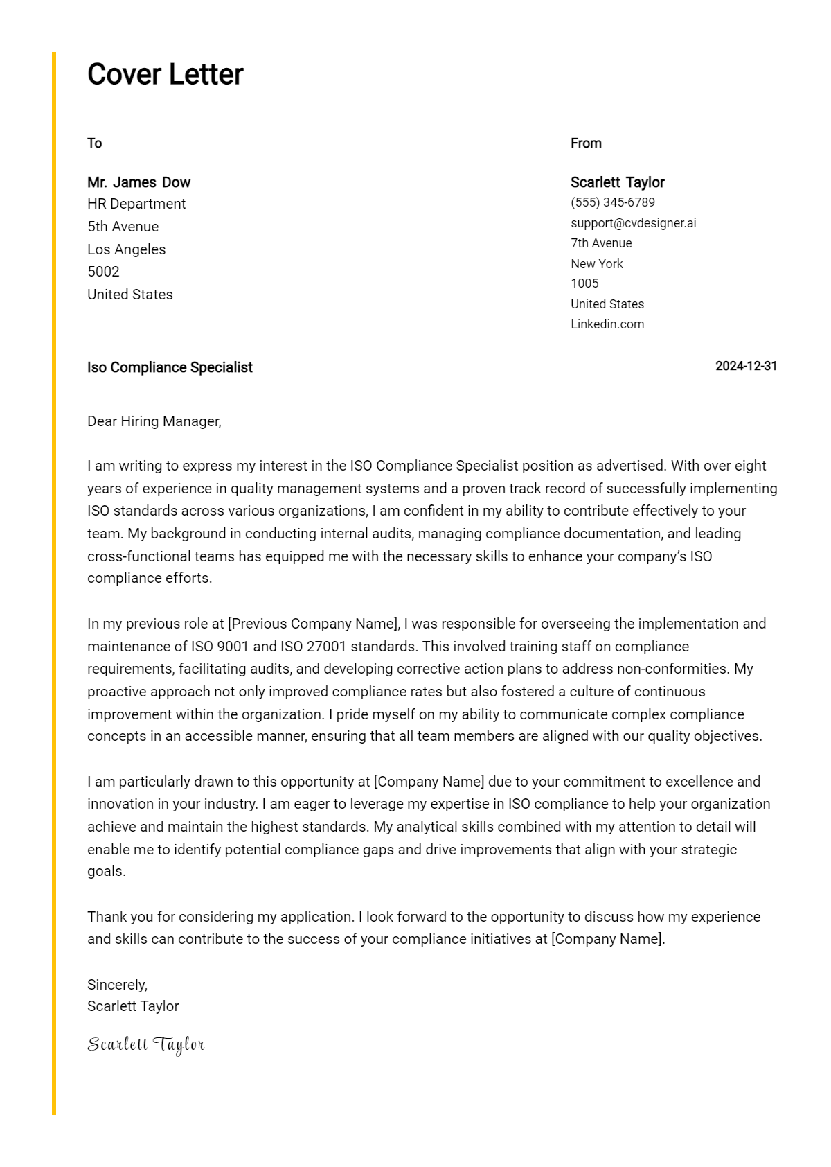 iso compliance specialist cover letter example