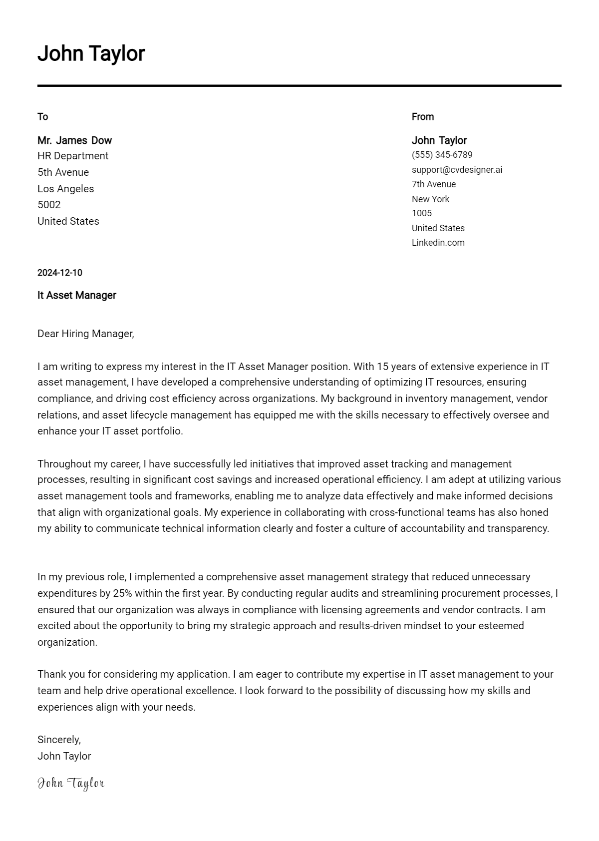 it asset manager cover letter example