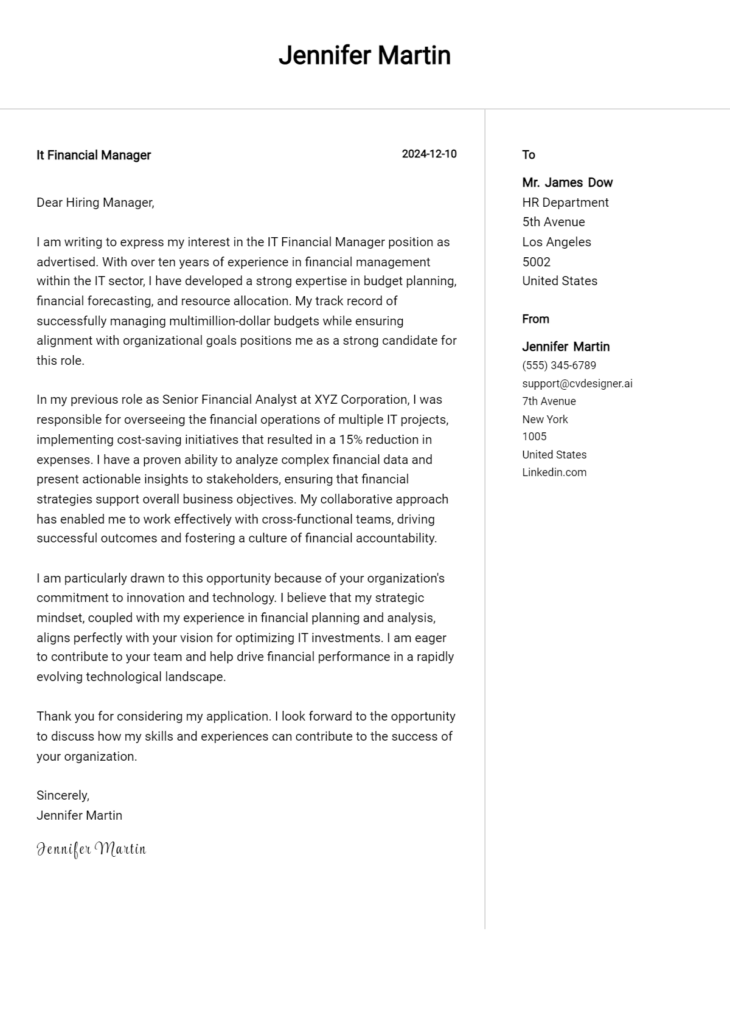 it financial manager cover letter example