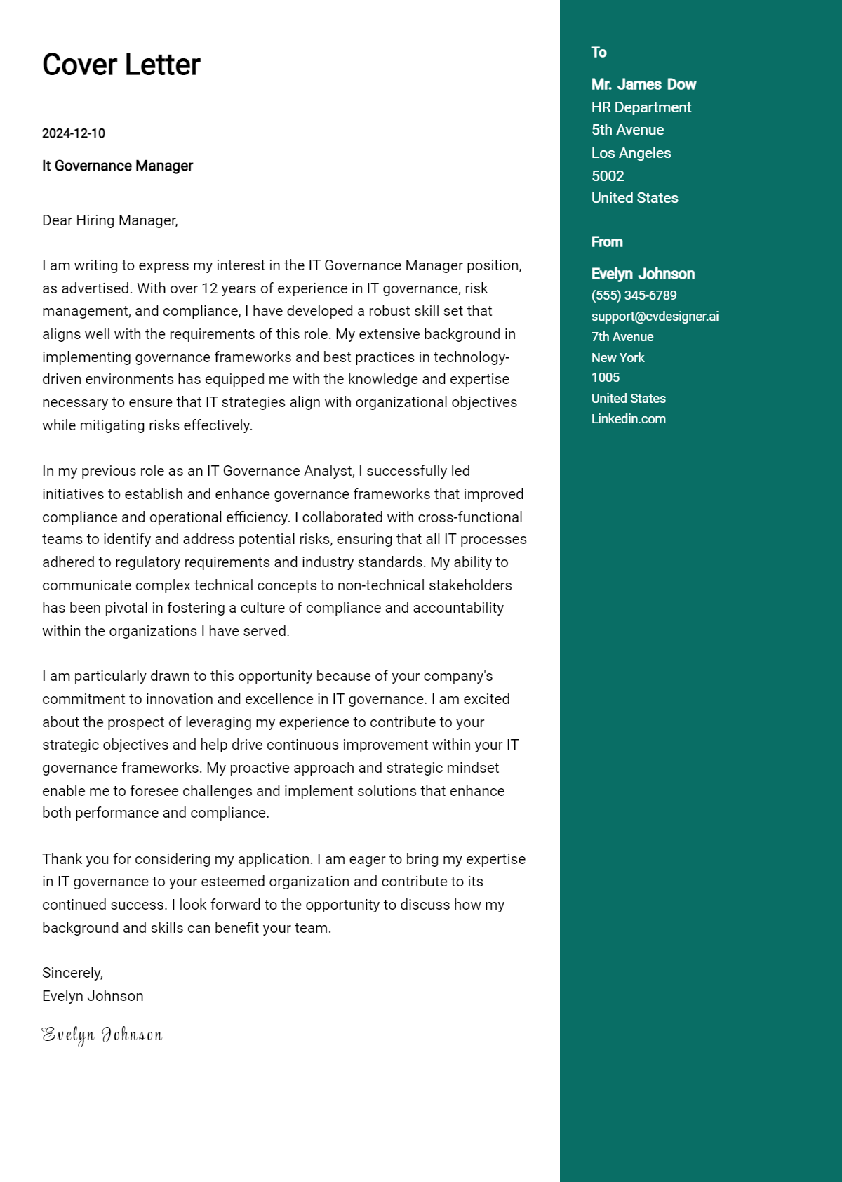 it governance manager cover letter example