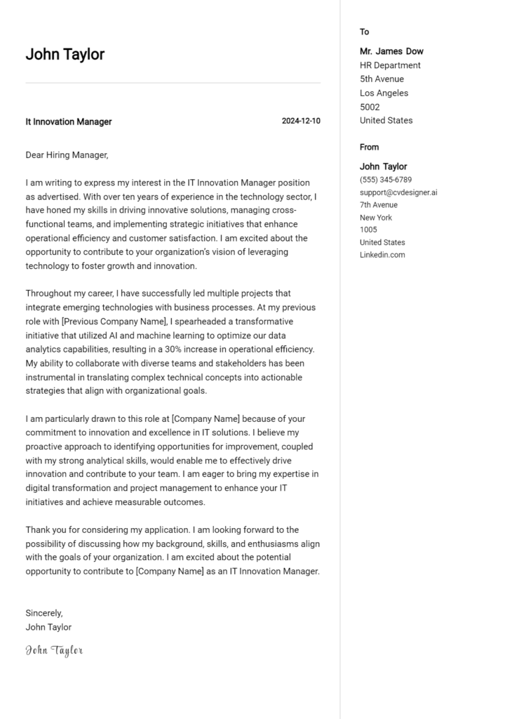 it innovation manager cover letter example