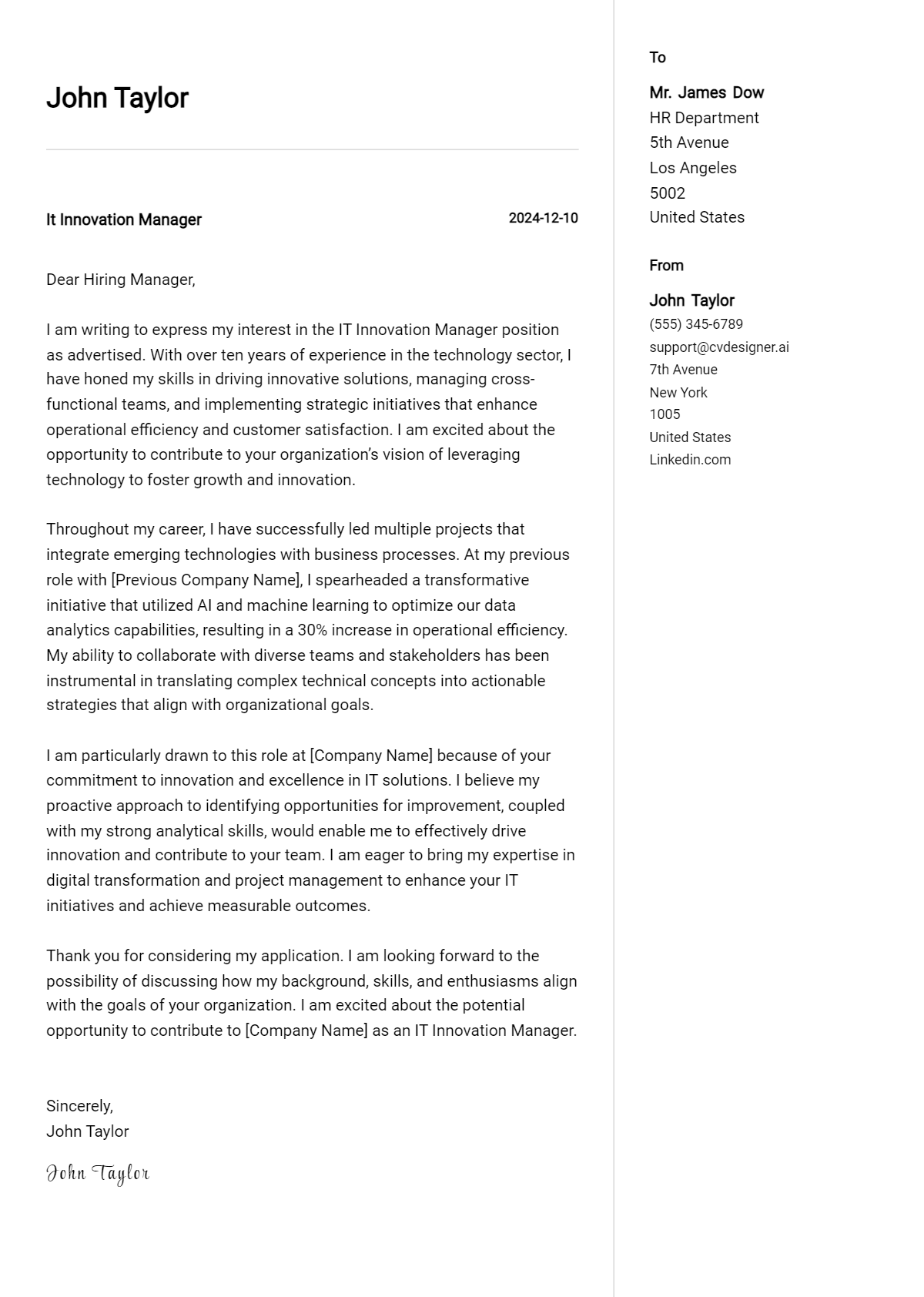 it innovation manager cover letter example