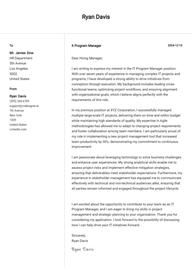 it program manager cover letter example