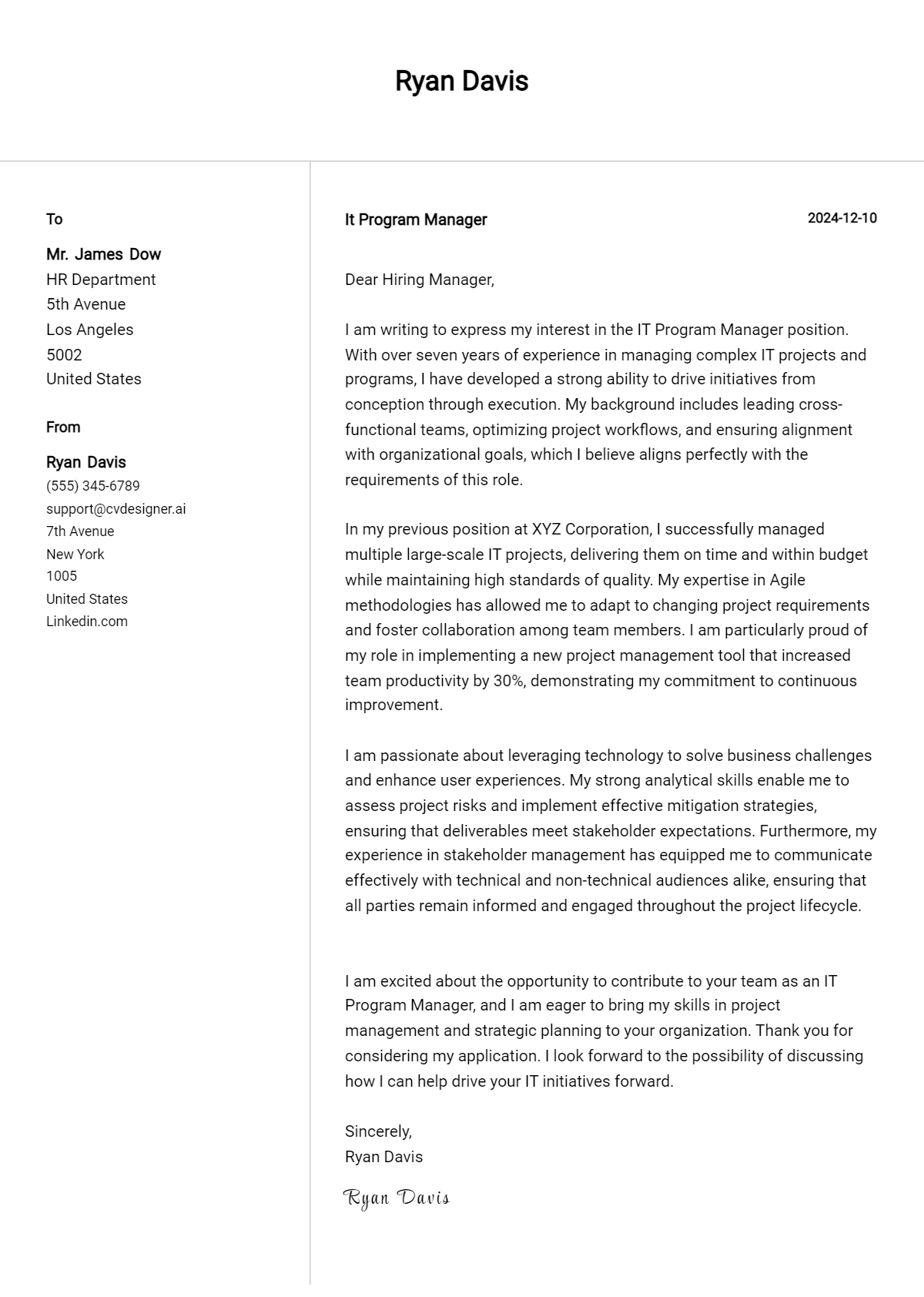 it program manager cover letter example