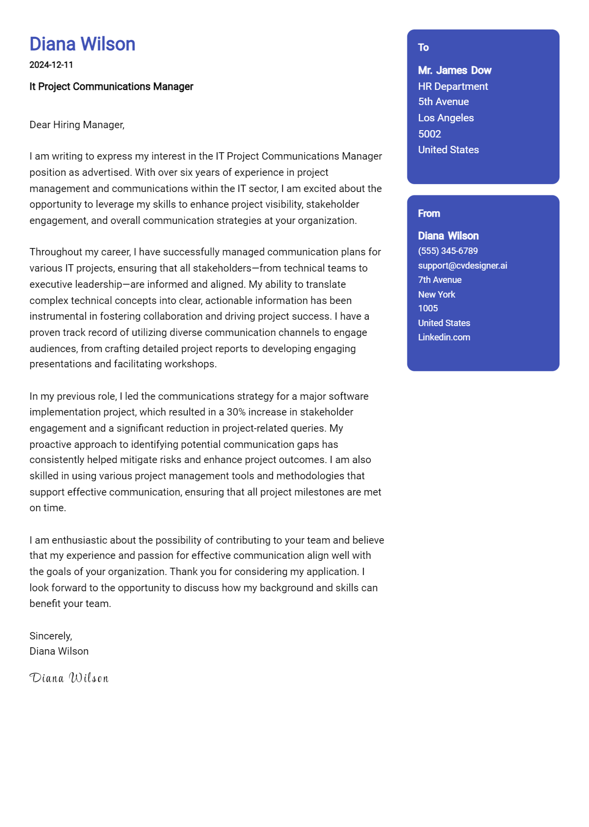 it project communications manager cover letter example