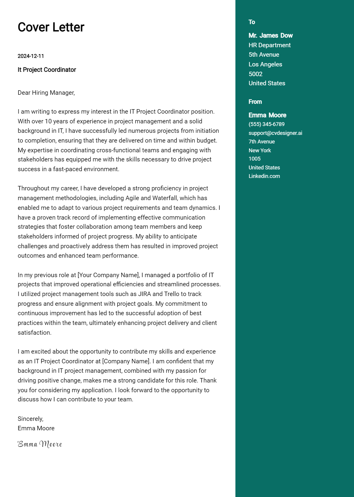 it project coordinator cover letter example