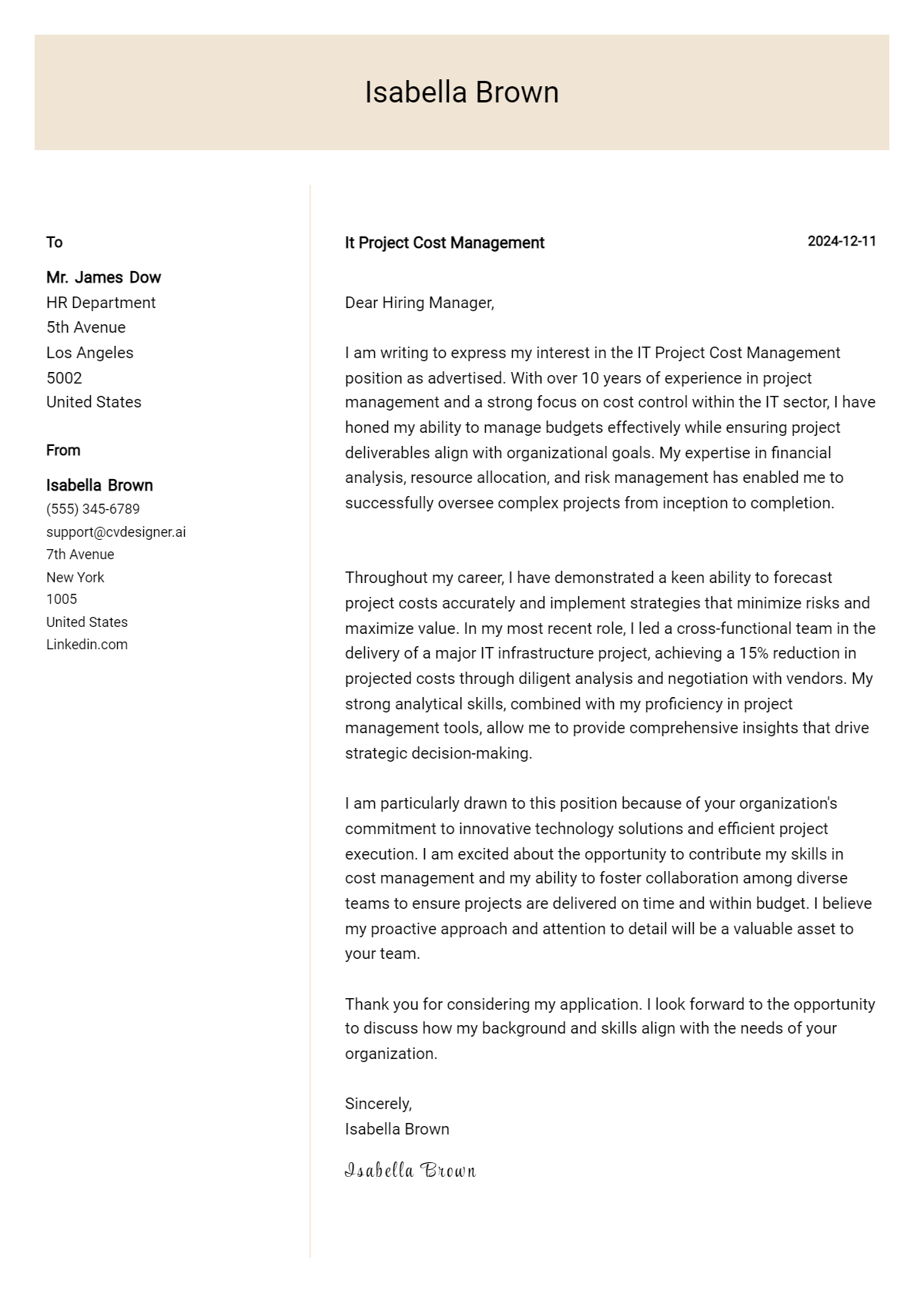 it project cost management cover letter example