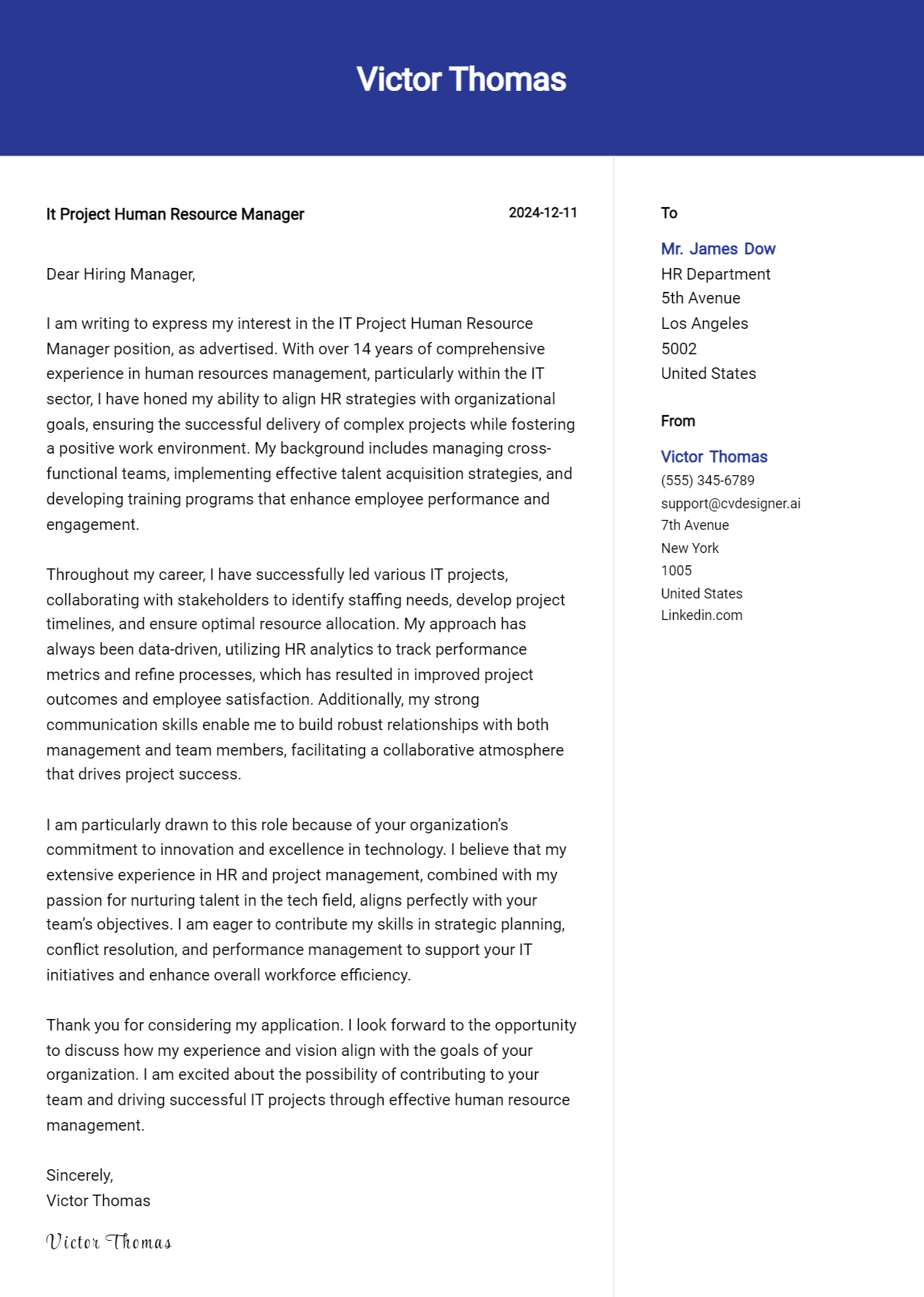 it project human resource manager cover letter example