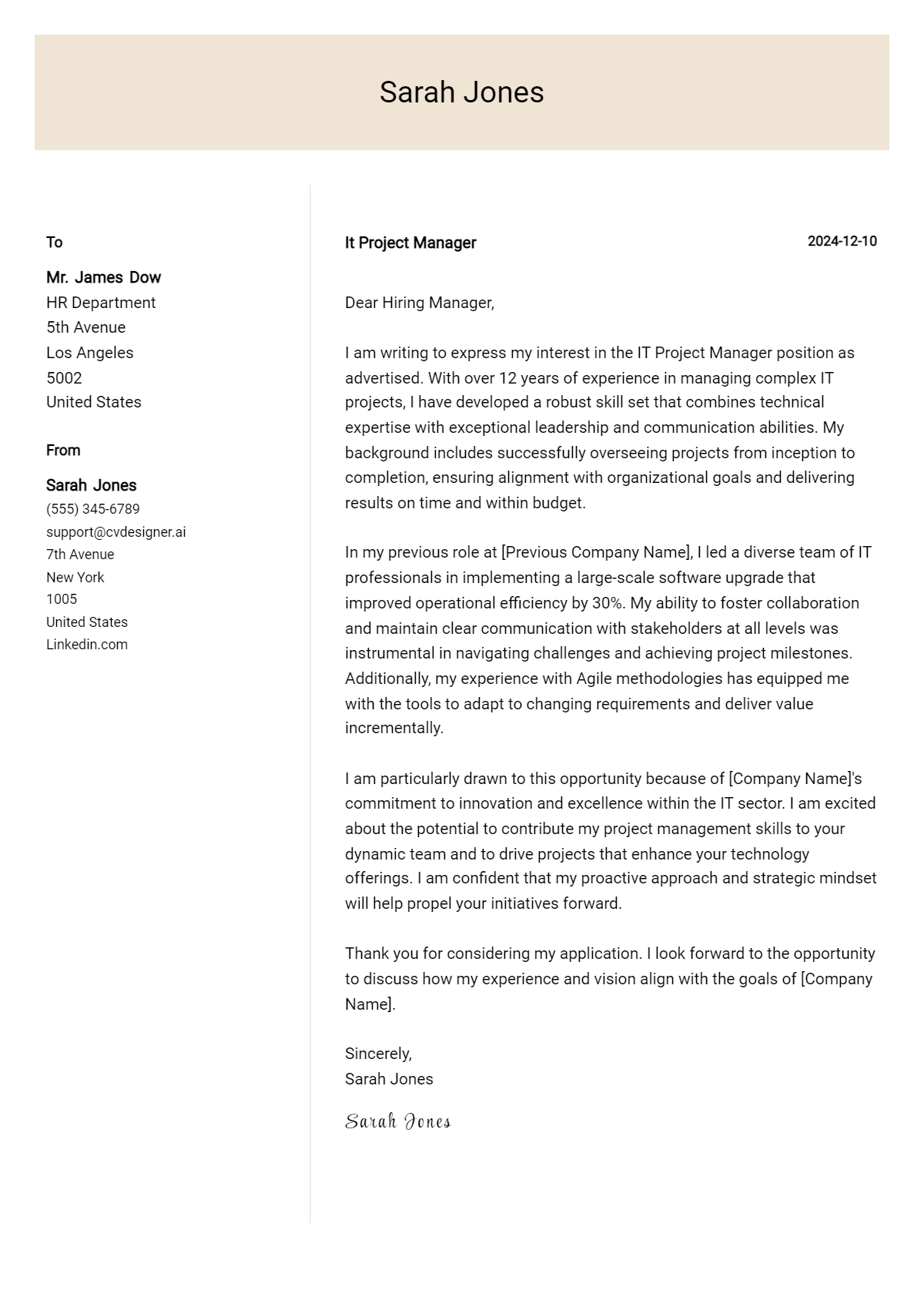 it project manager cover letter example