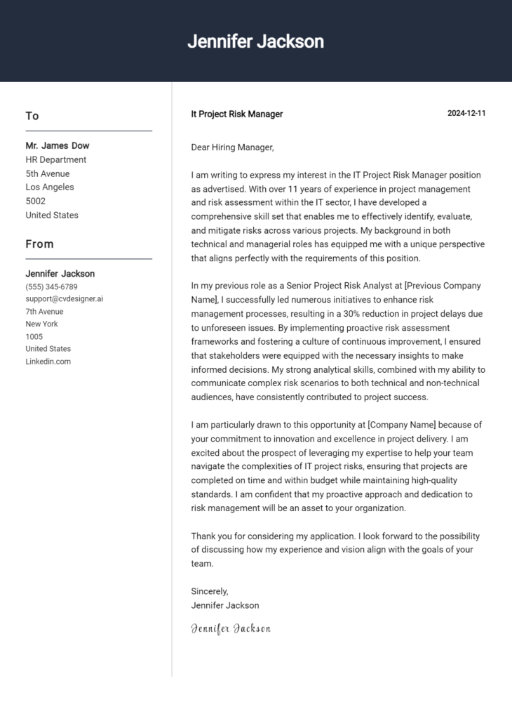 it project risk manager cover letter example