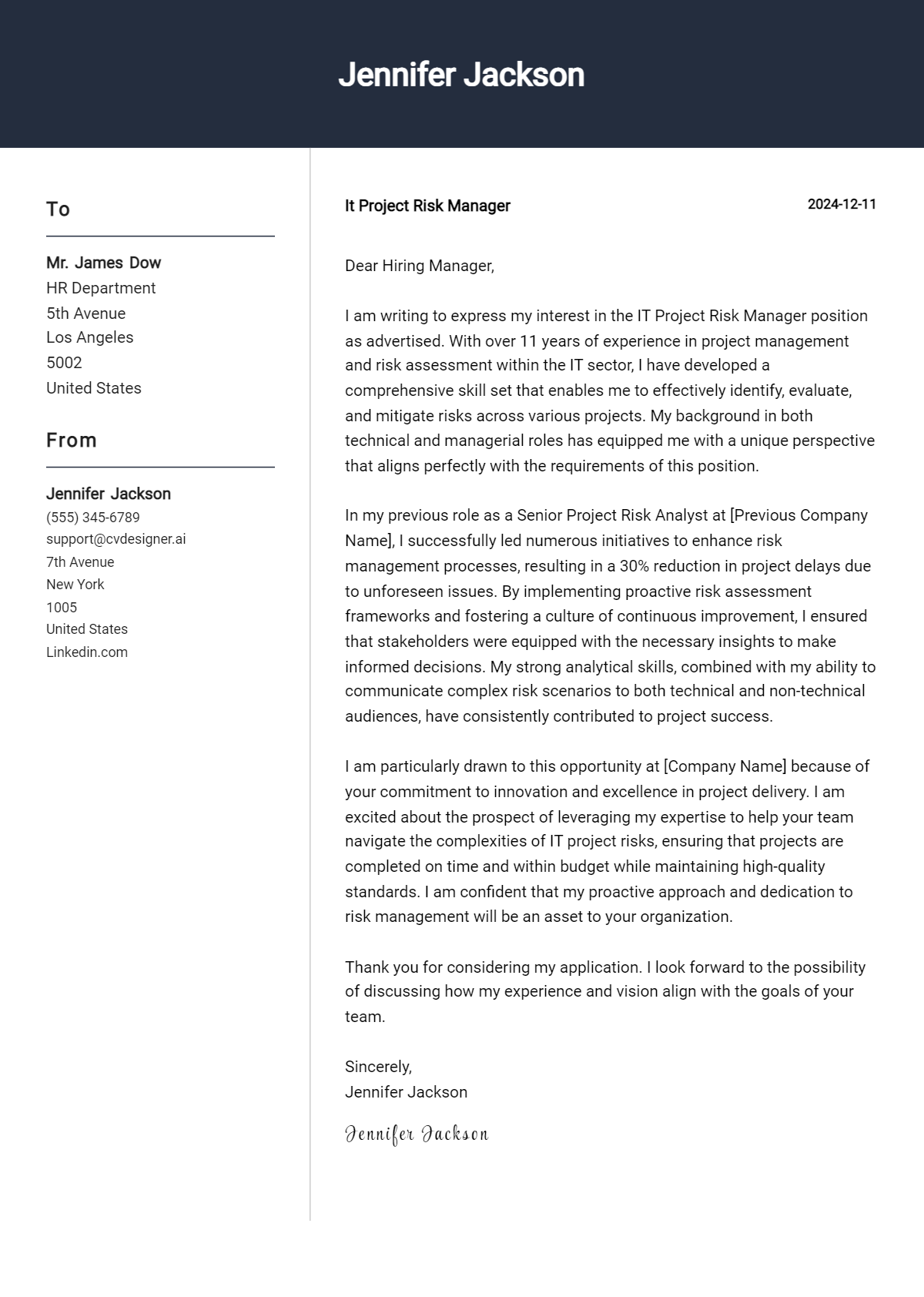 it project risk manager cover letter example