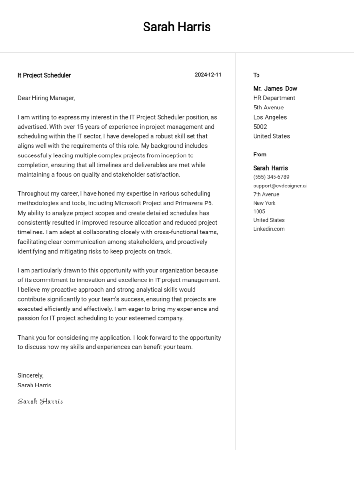 it project scheduler cover letter example