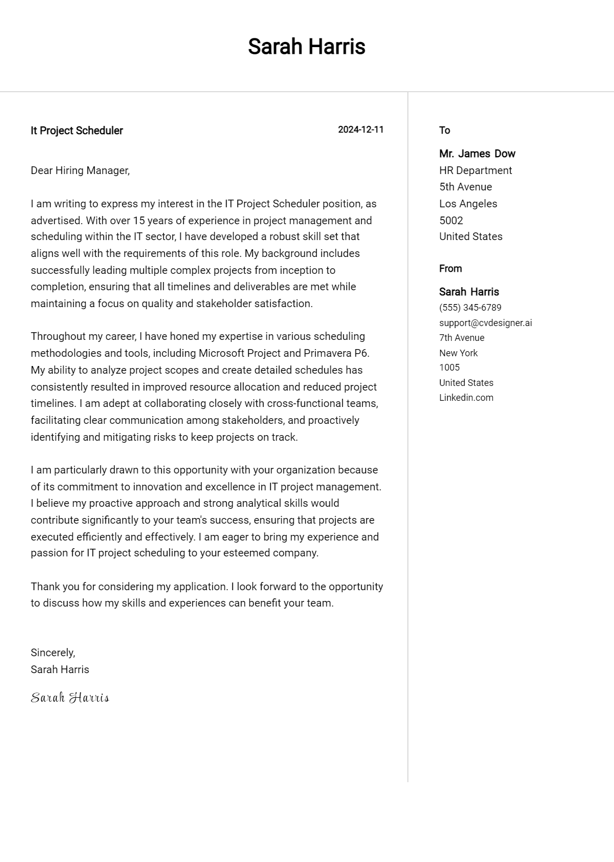 it project scheduler cover letter example