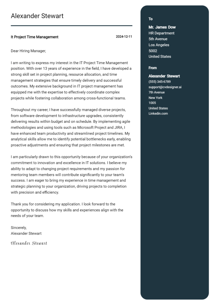 it project time management cover letter example