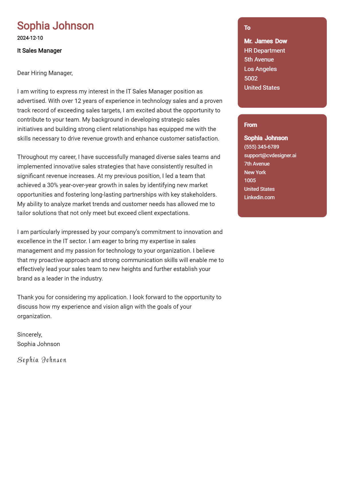 it sales manager cover letter example