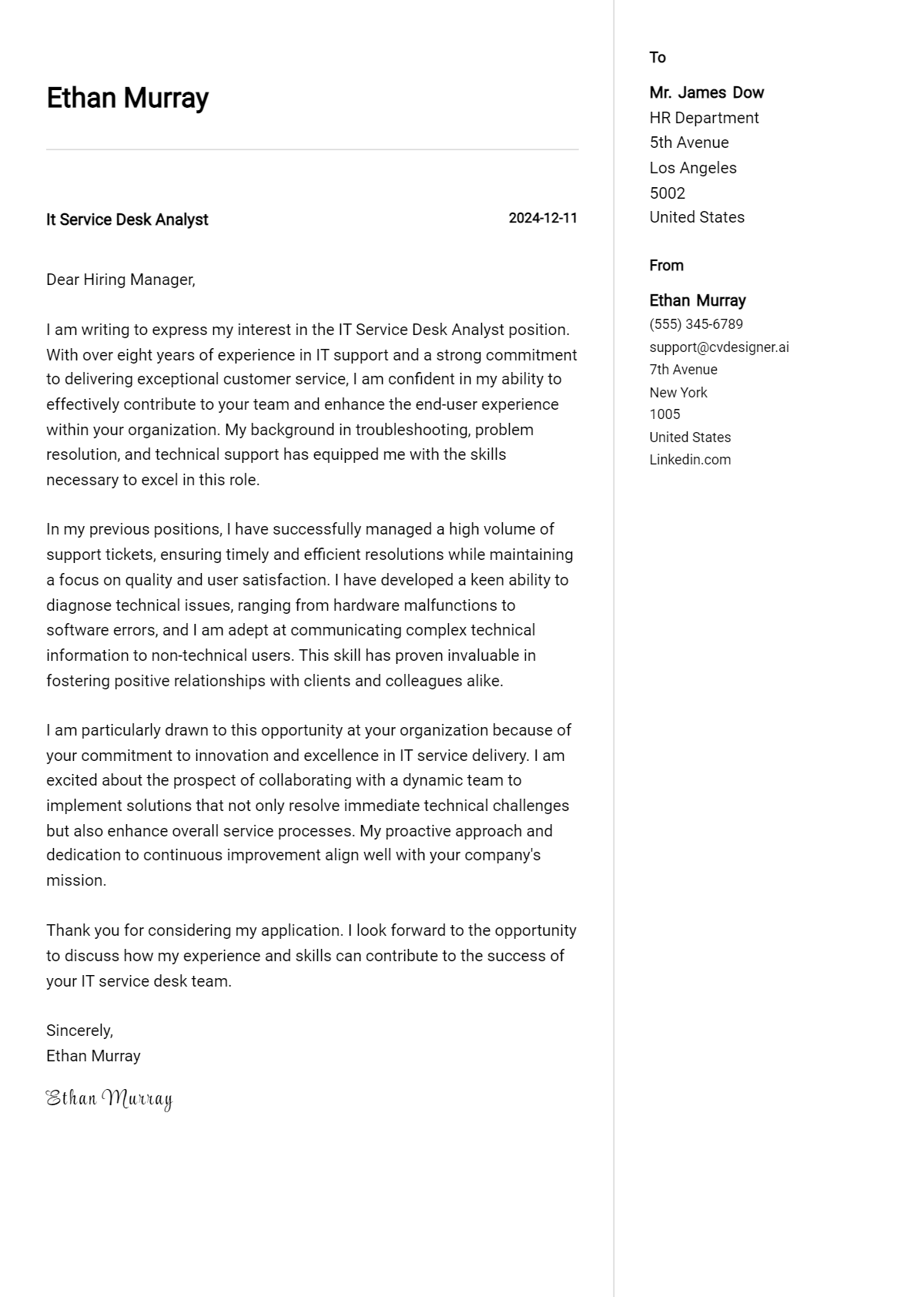 it service desk analyst cover letter example