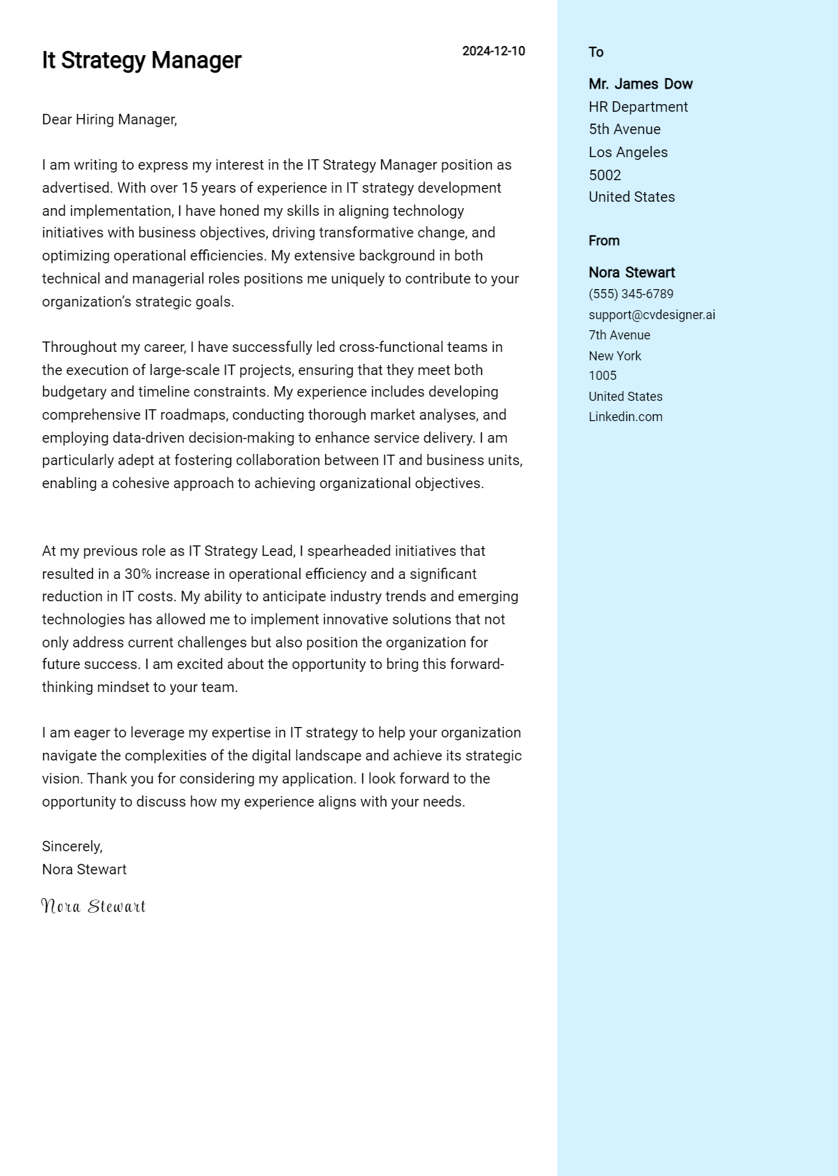 it strategy manager cover letter example