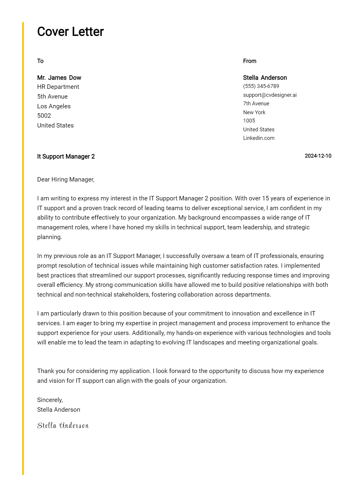 it support manager 2 cover letter example