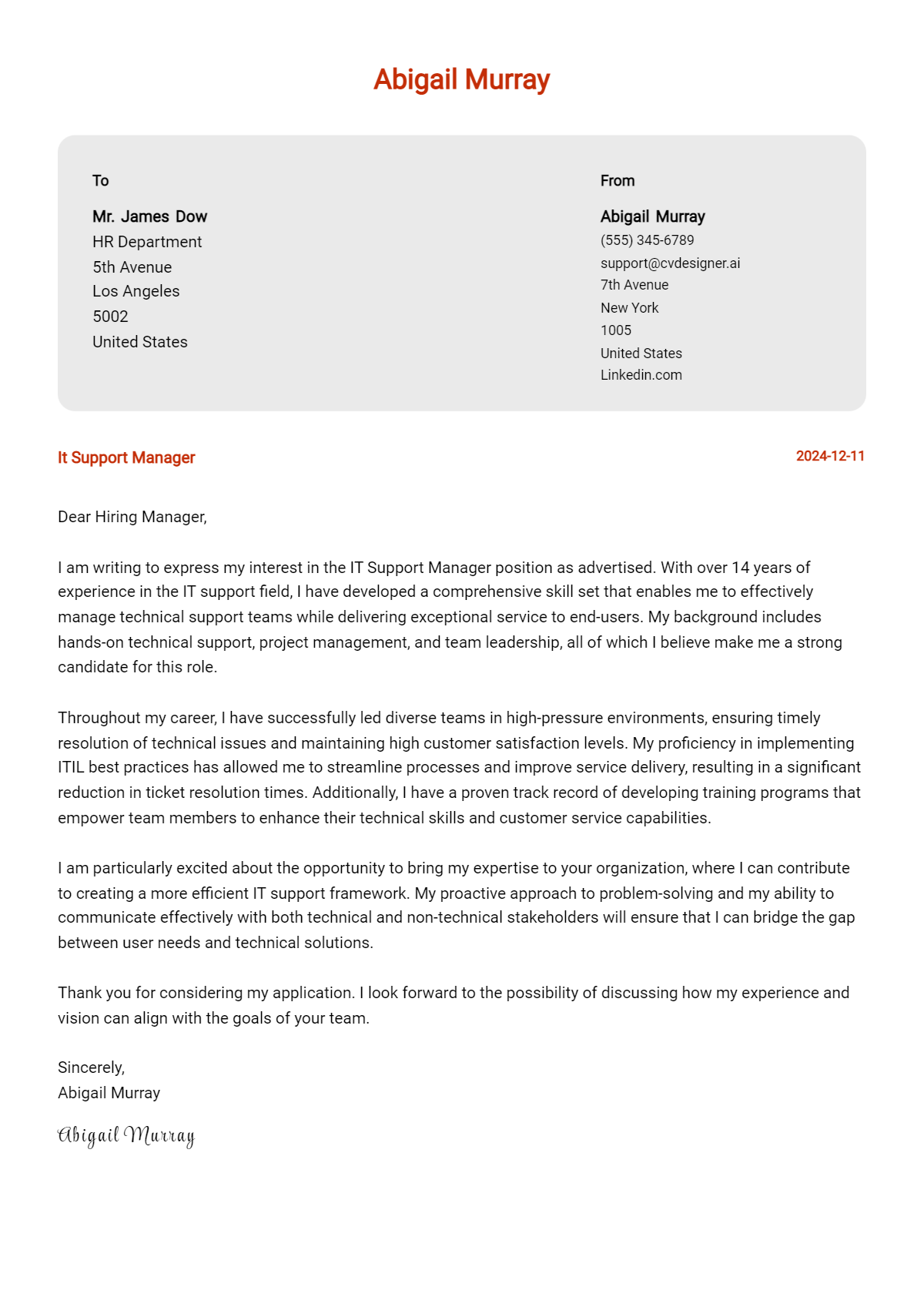 it support manager cover letter example