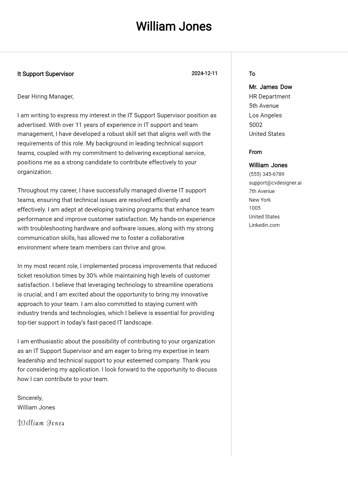 it support supervisor cover letter example