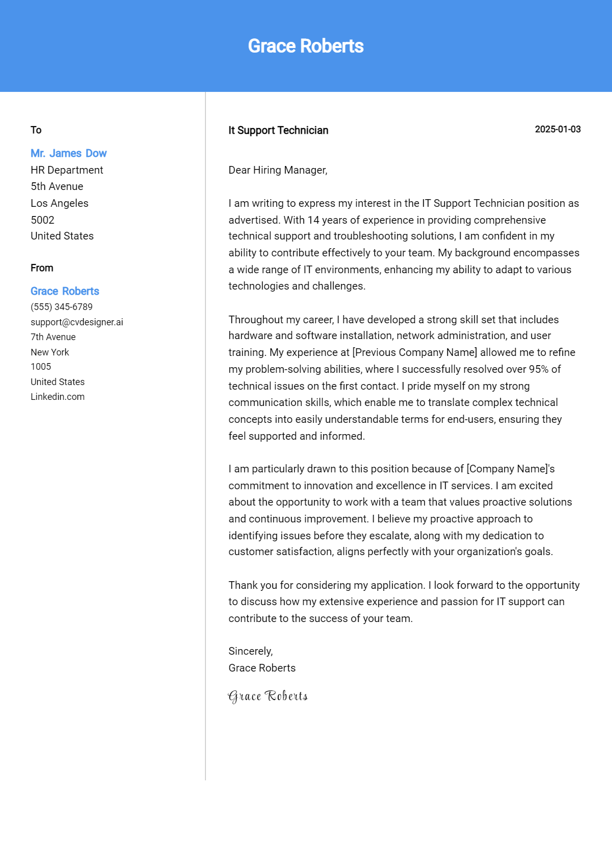 it support technician cover letter example