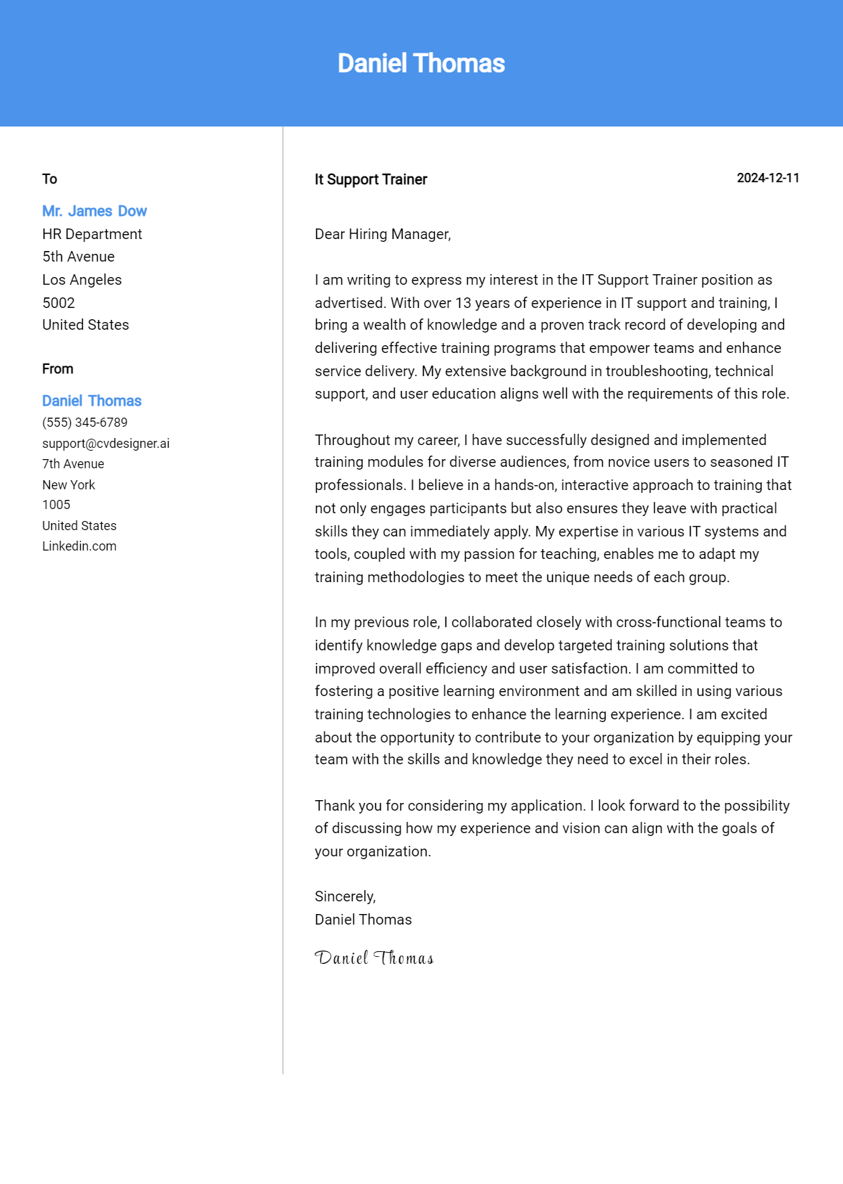 it support trainer cover letter example