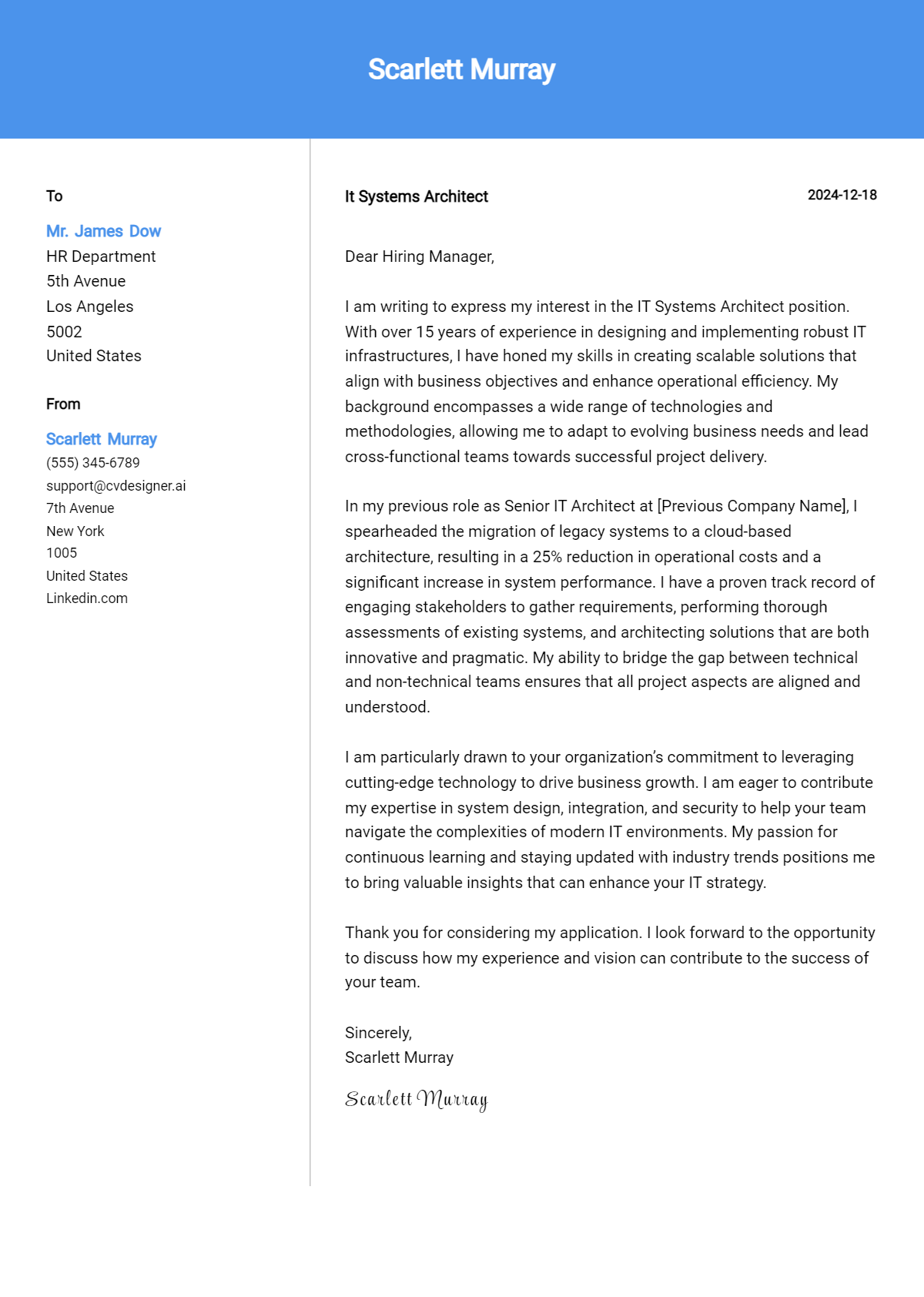 it systems architect cover letter example