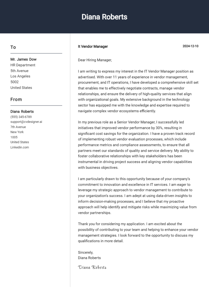 it vendor manager cover letter example