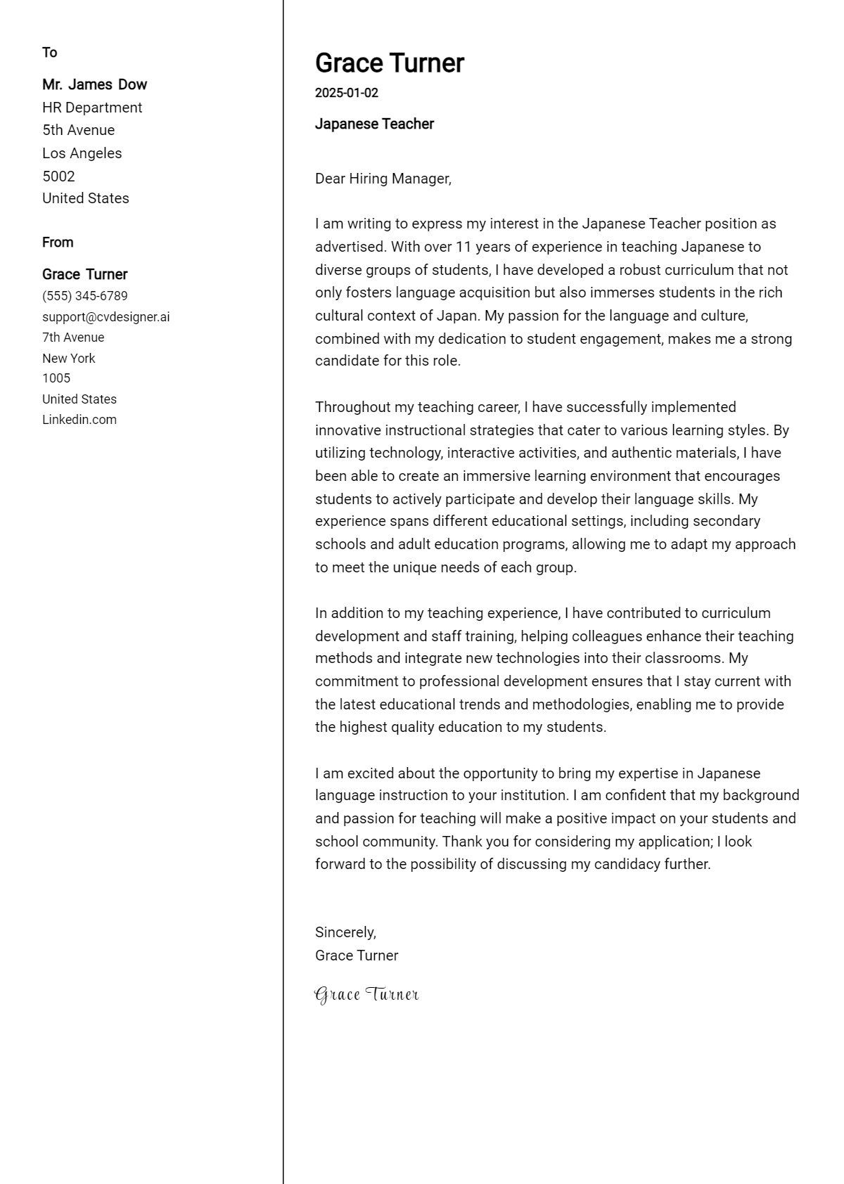 japanese teacher cover letter example