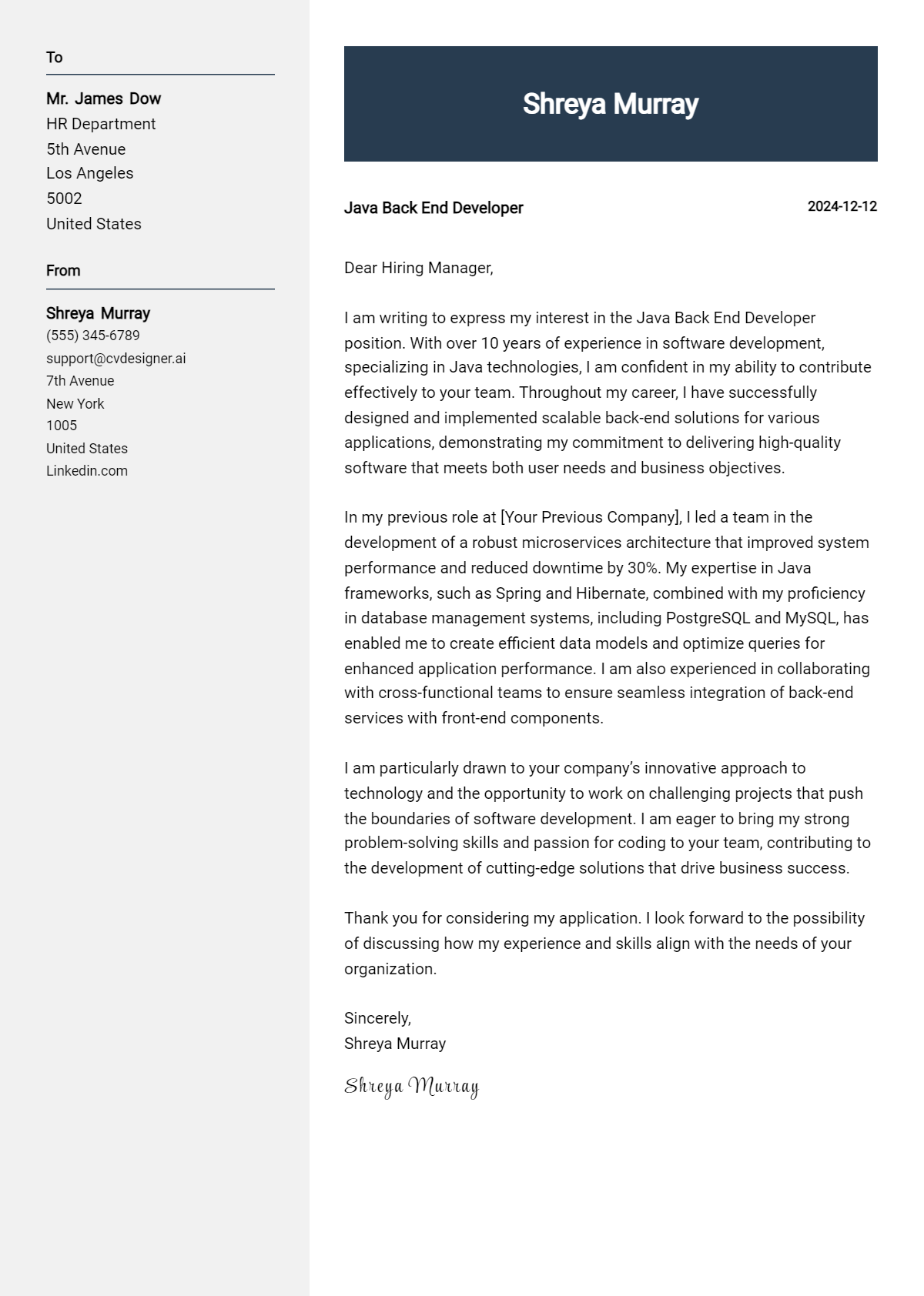 java back end developer cover letter example