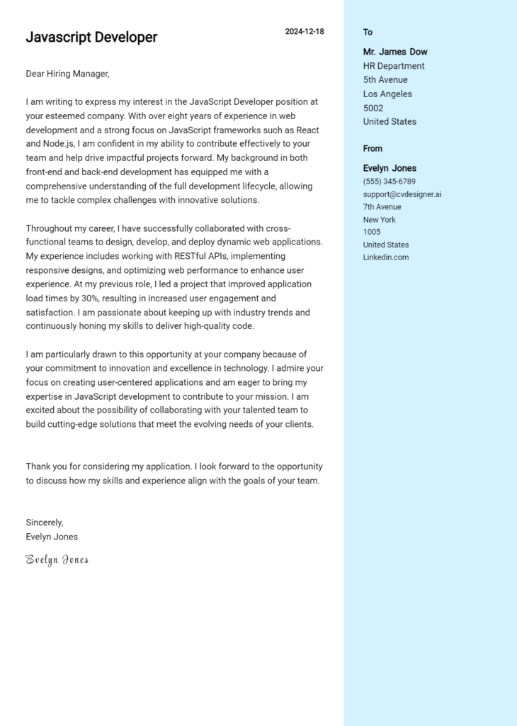 javascript developer cover letter example