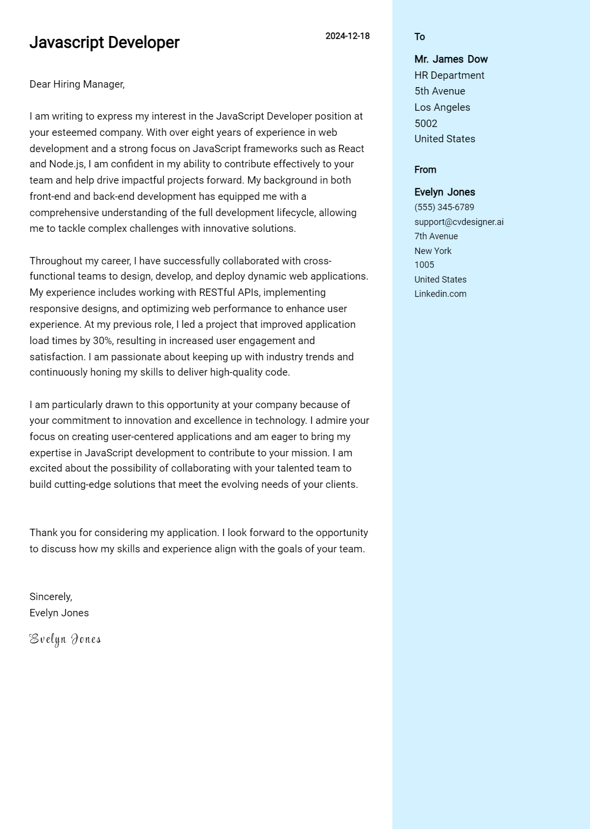 javascript developer cover letter example