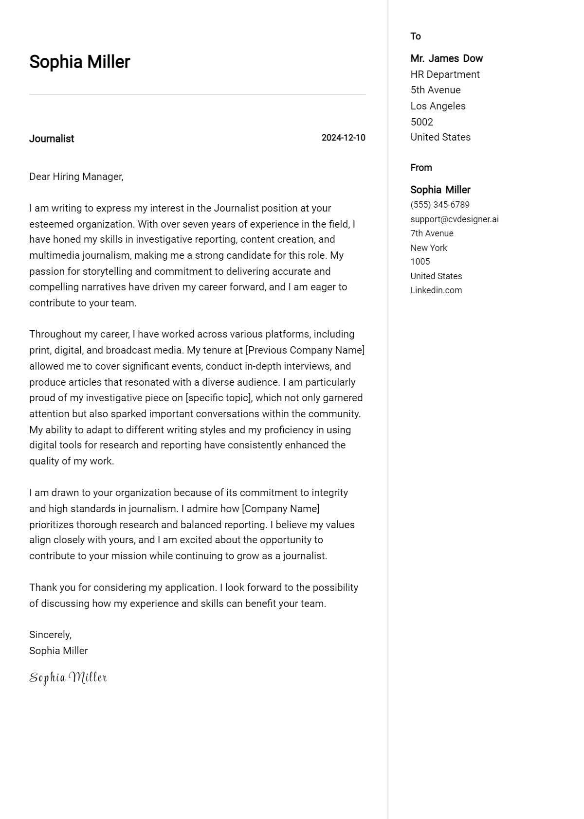 journalist cover letter example