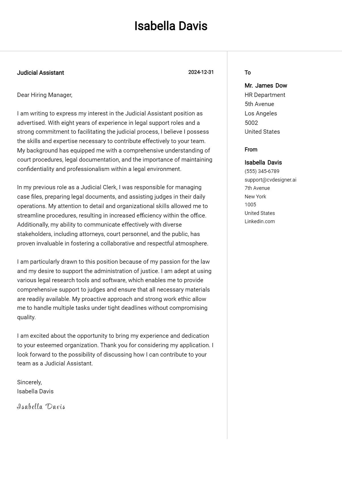 judicial assistant cover letter example