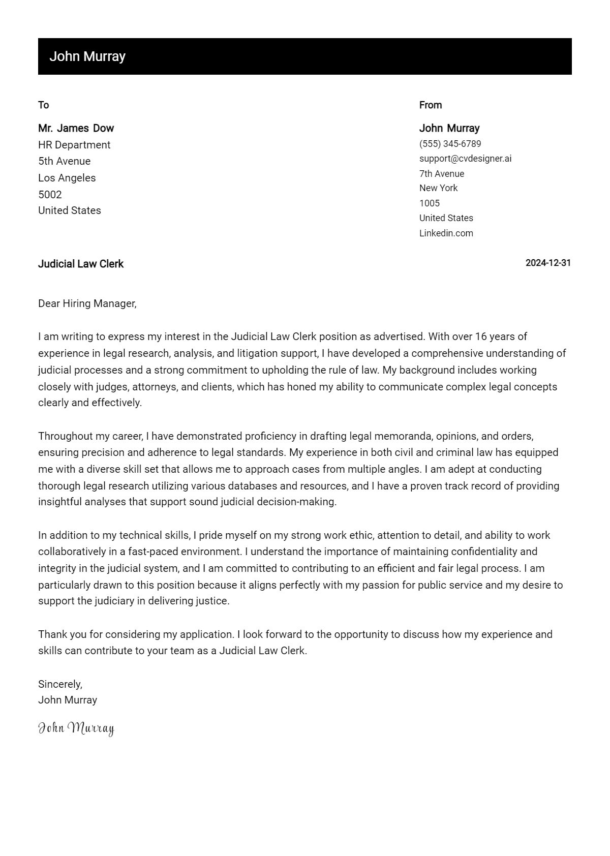 judicial law clerk cover letter example