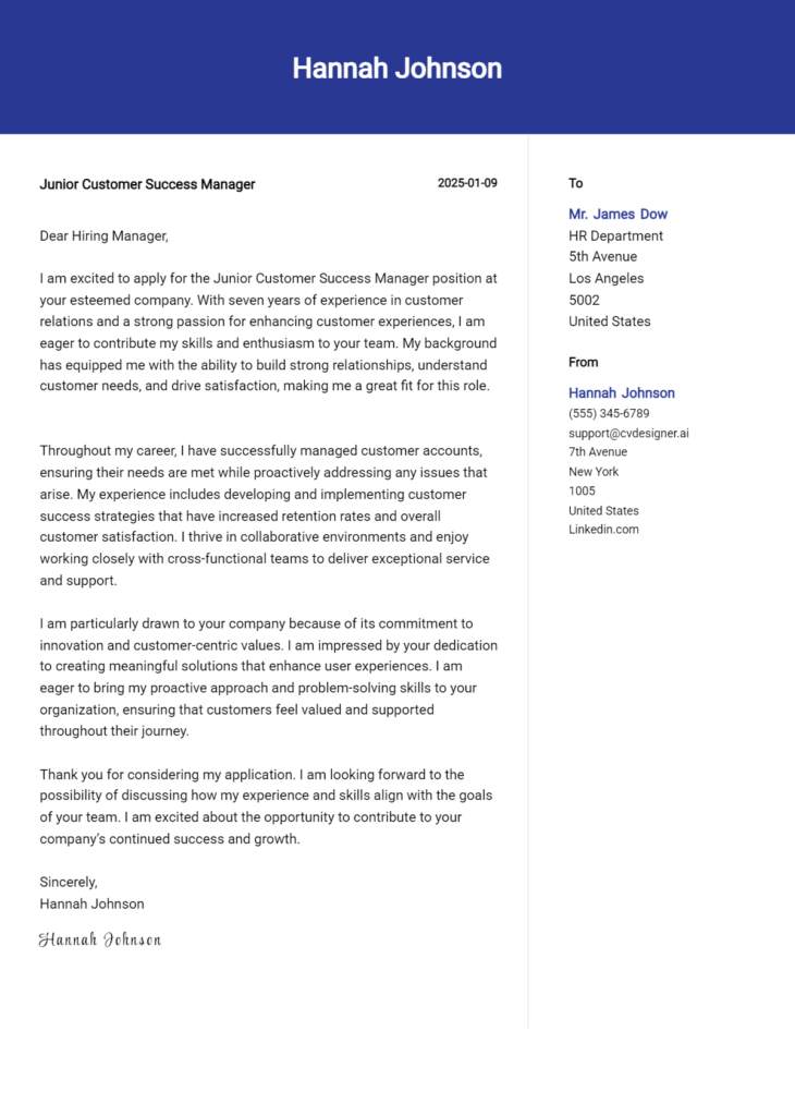 junior customer success manager cover letter example