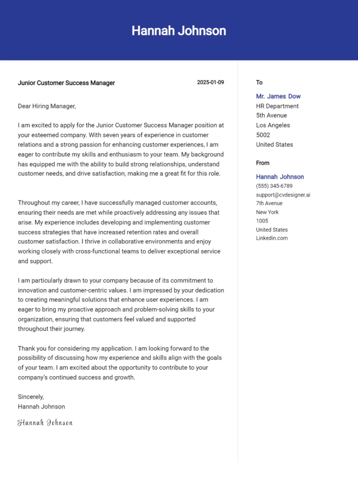 junior customer success manager cover letter example