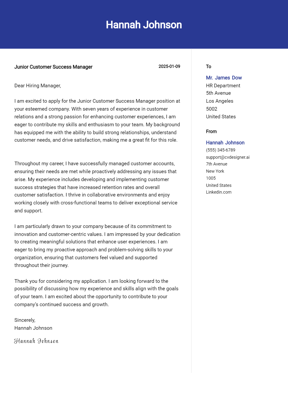 junior customer success manager cover letter example