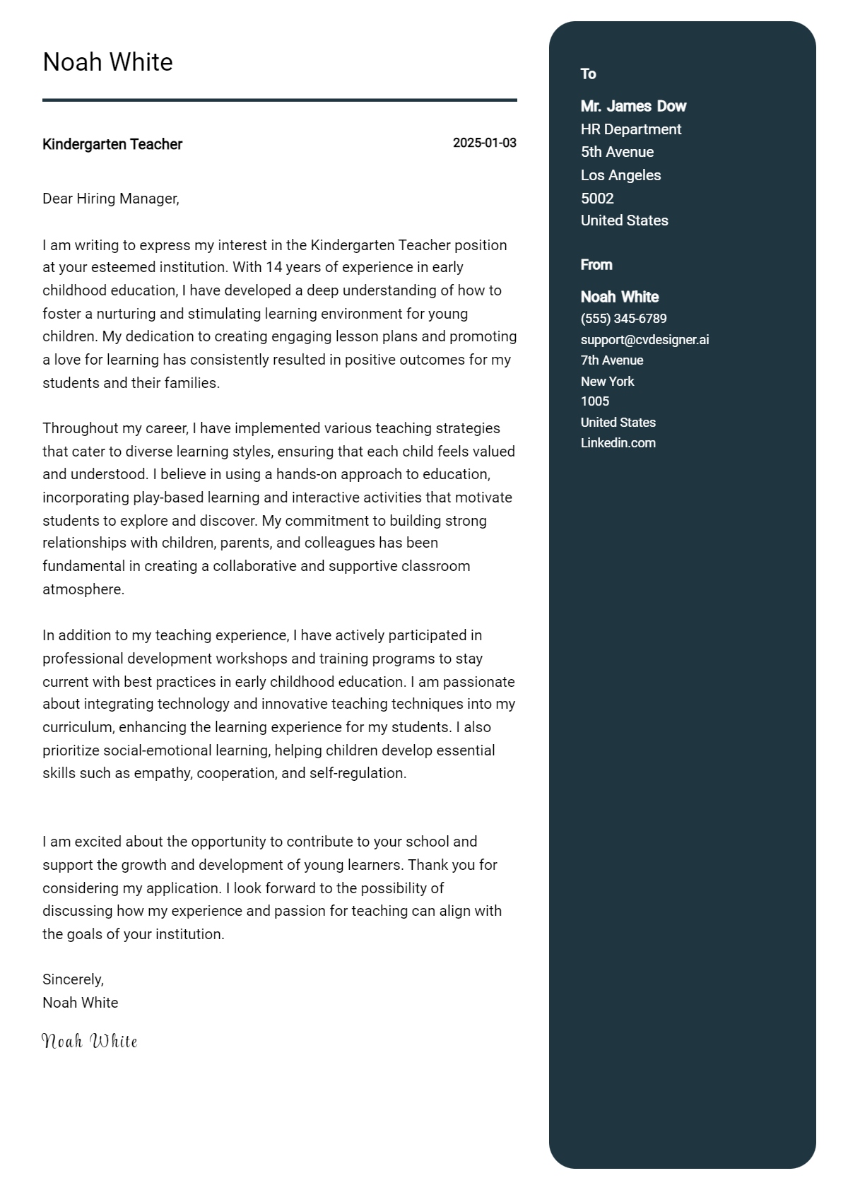 kindergarten teacher cover letter example