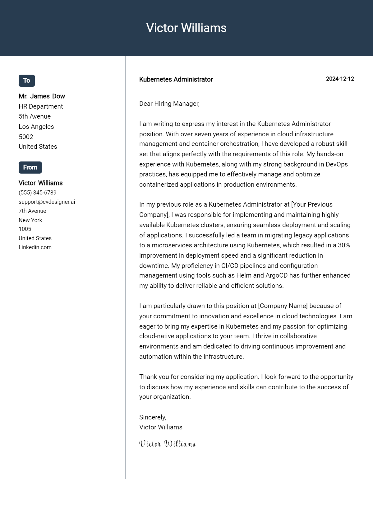 kubernetes administrator cover letter example