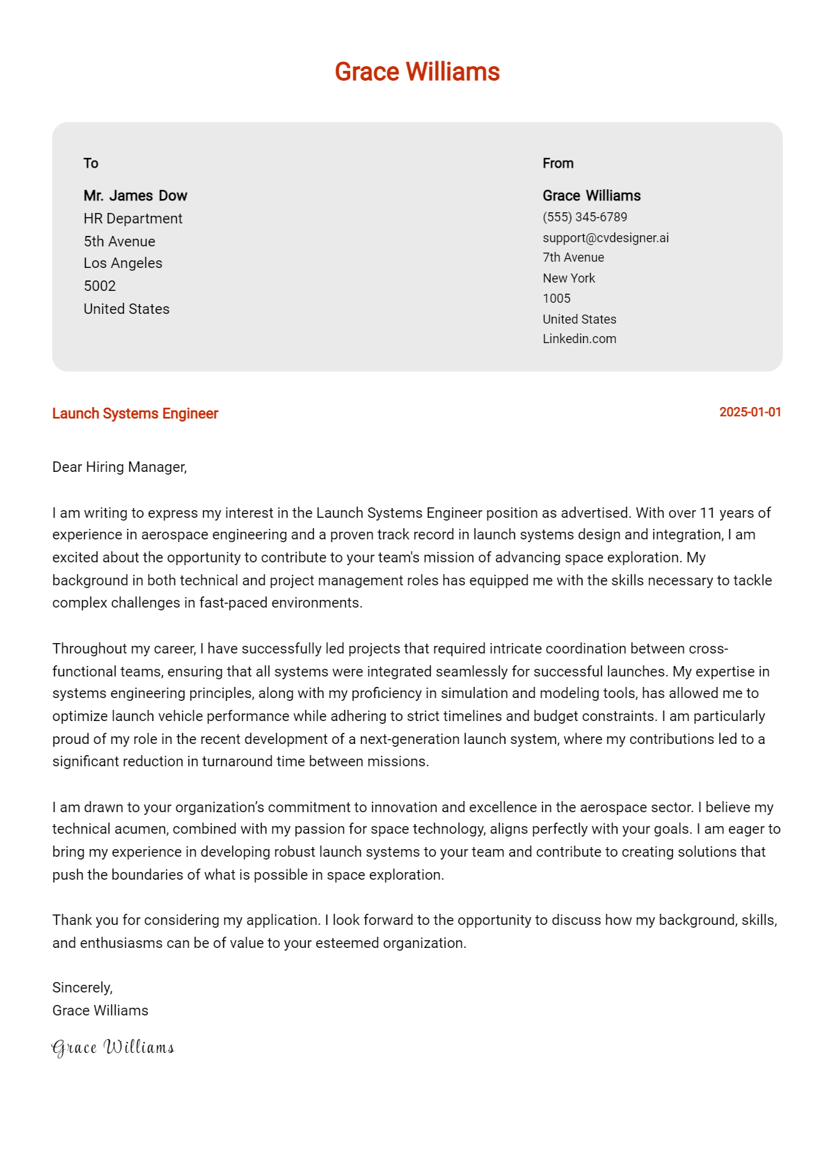 launch systems engineer cover letter example