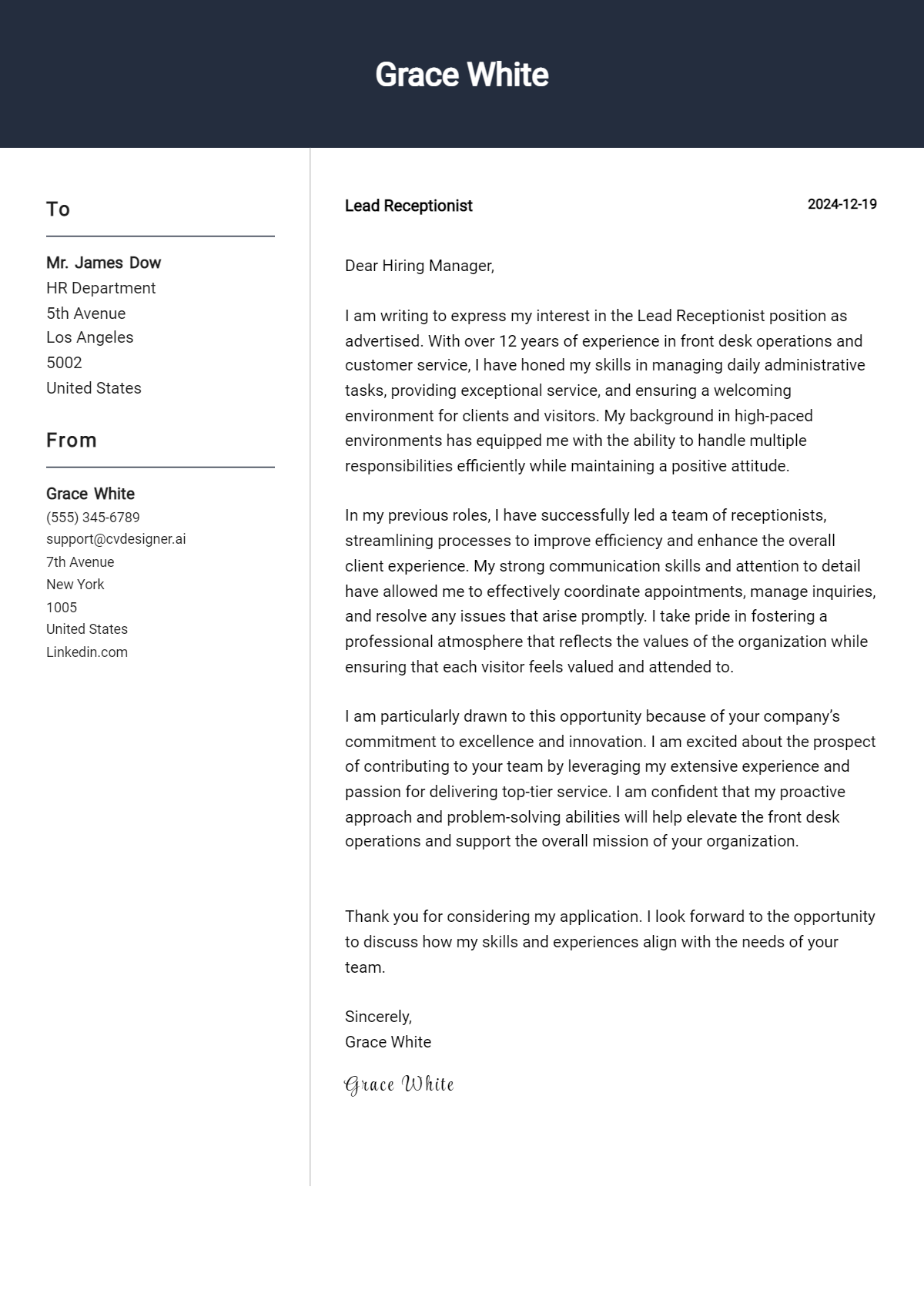 lead receptionist cover letter example