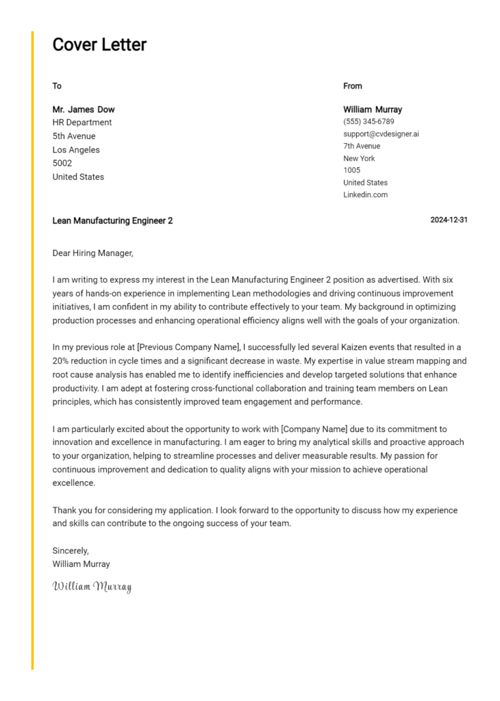 lean manufacturing engineer 2 cover letter example